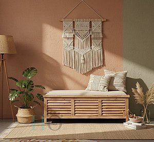 ספסל הדום ישיבה מעוצב מעץ טבעי נפתח לאחסון דגם תריס משולב כרית ישיבה